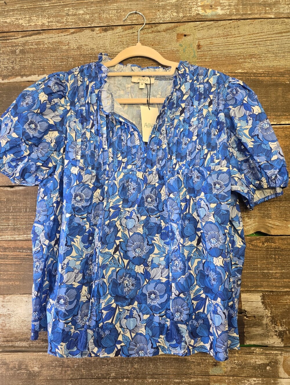 Avara Blue Floral Short-Sleeve Peasant Top, Size 1X, NWT